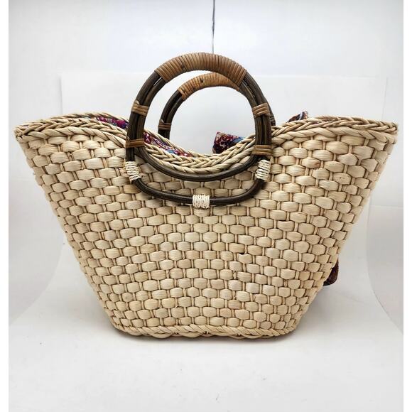 Straw Studio Tote Bag Resort Beach Rattan Handles Lined Boho Market Tote NWT - Picture 2 of 12